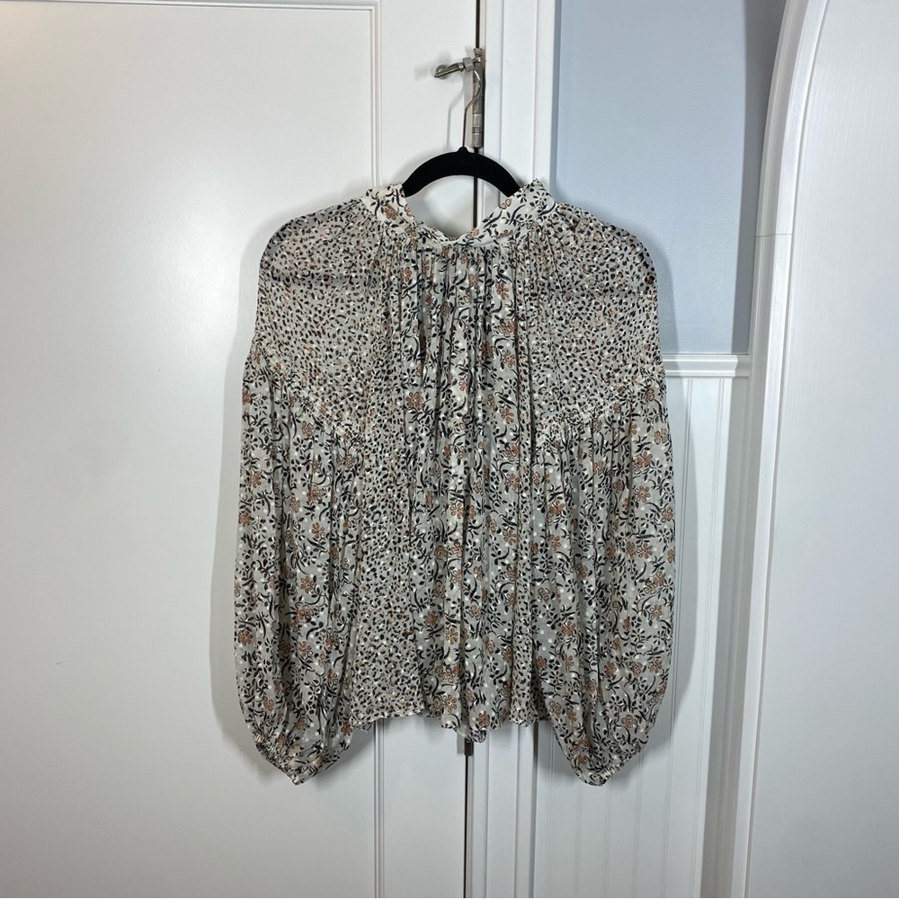 Ulla Johnson Cream Floral Smocked High-Neck Blouse - Picture 2 of 10